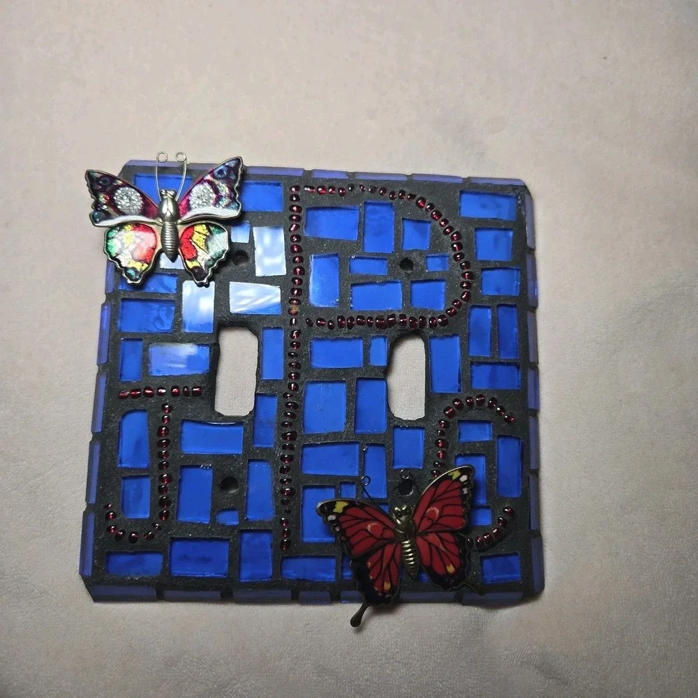 Mosaic Double Light Switch Cover Blue Glass Tile Butterfly Beaded‎ Decor
